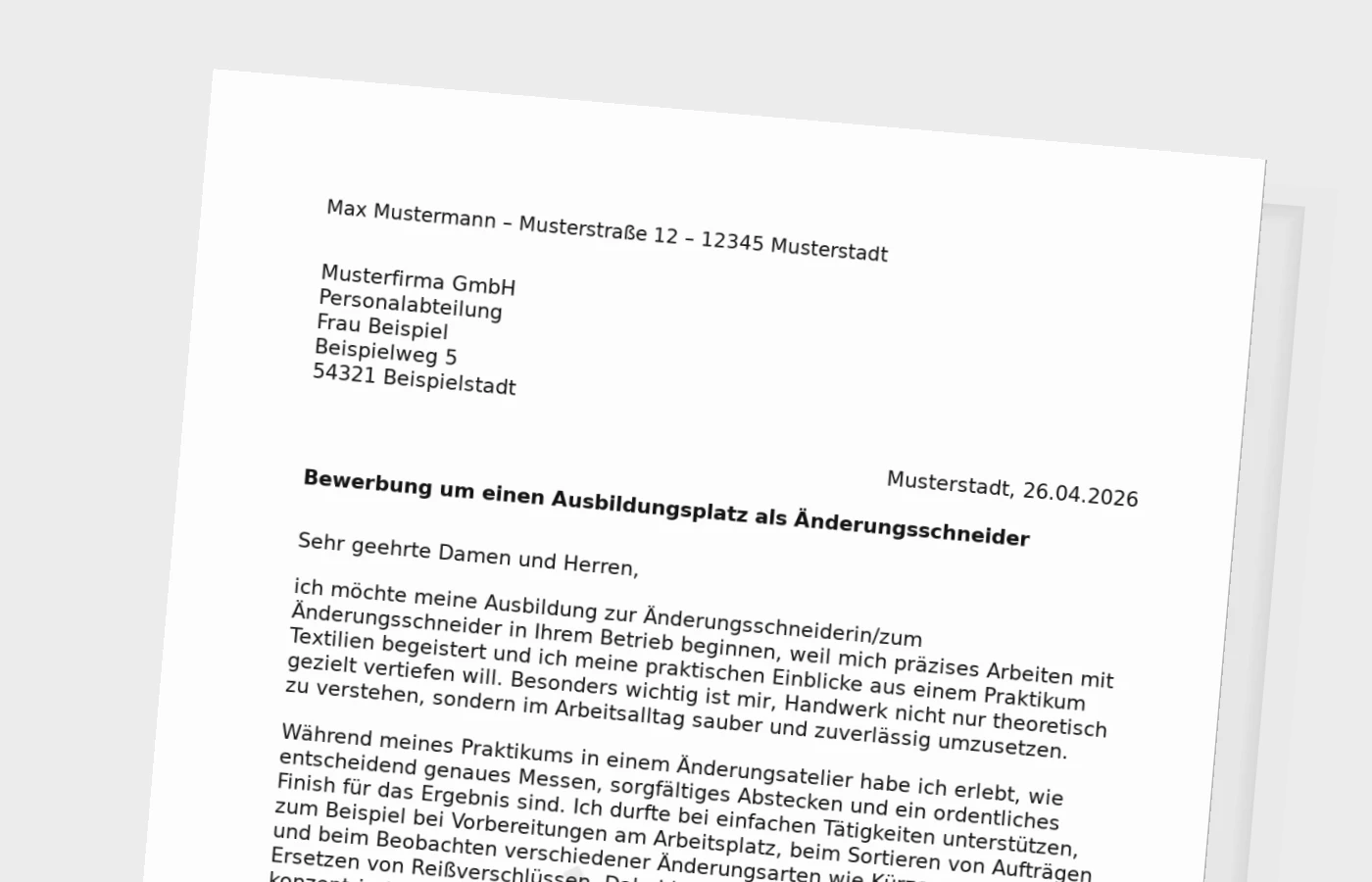 Bewerbung für die Ausbildung als Änderungsschneider/Änderungsschneiderin (mit Praktikum)