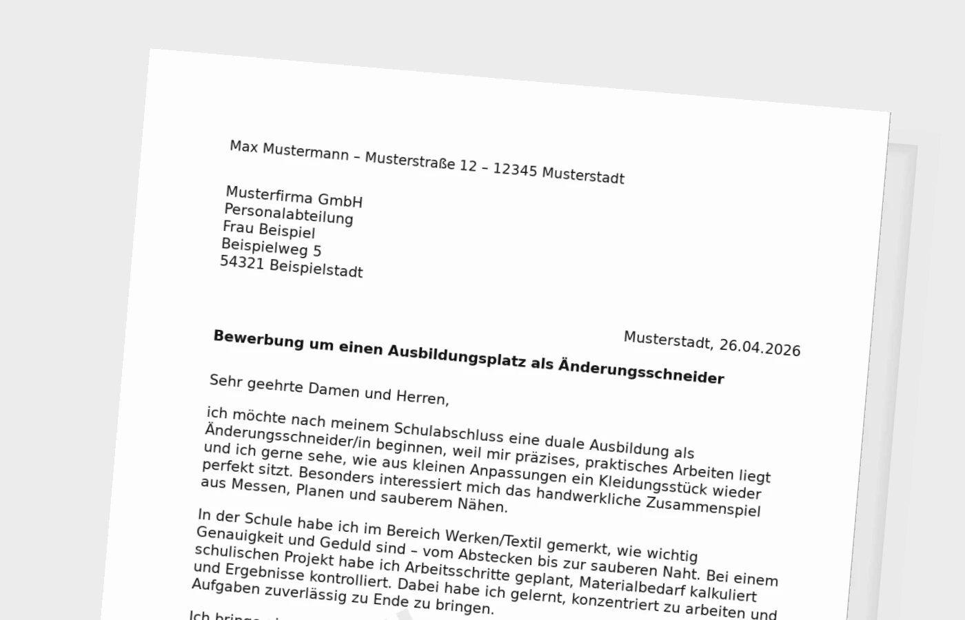 Bewerbung für die Ausbildung als Änderungsschneider/in (nach dem Schulabschluss)