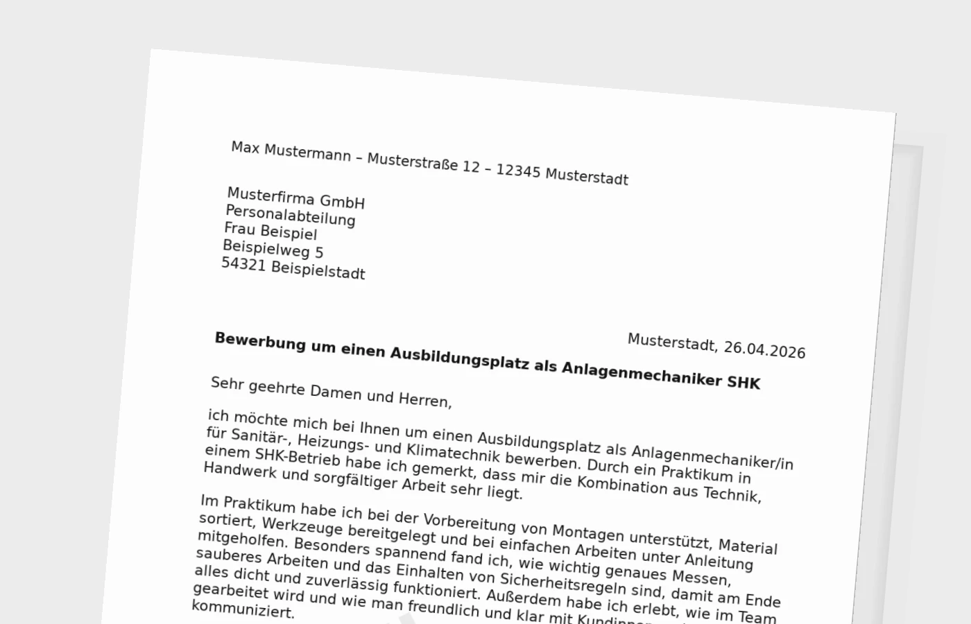 Bewerbung um eine Ausbildung als Anlagenmechaniker/in SHK (mit Praktikum)