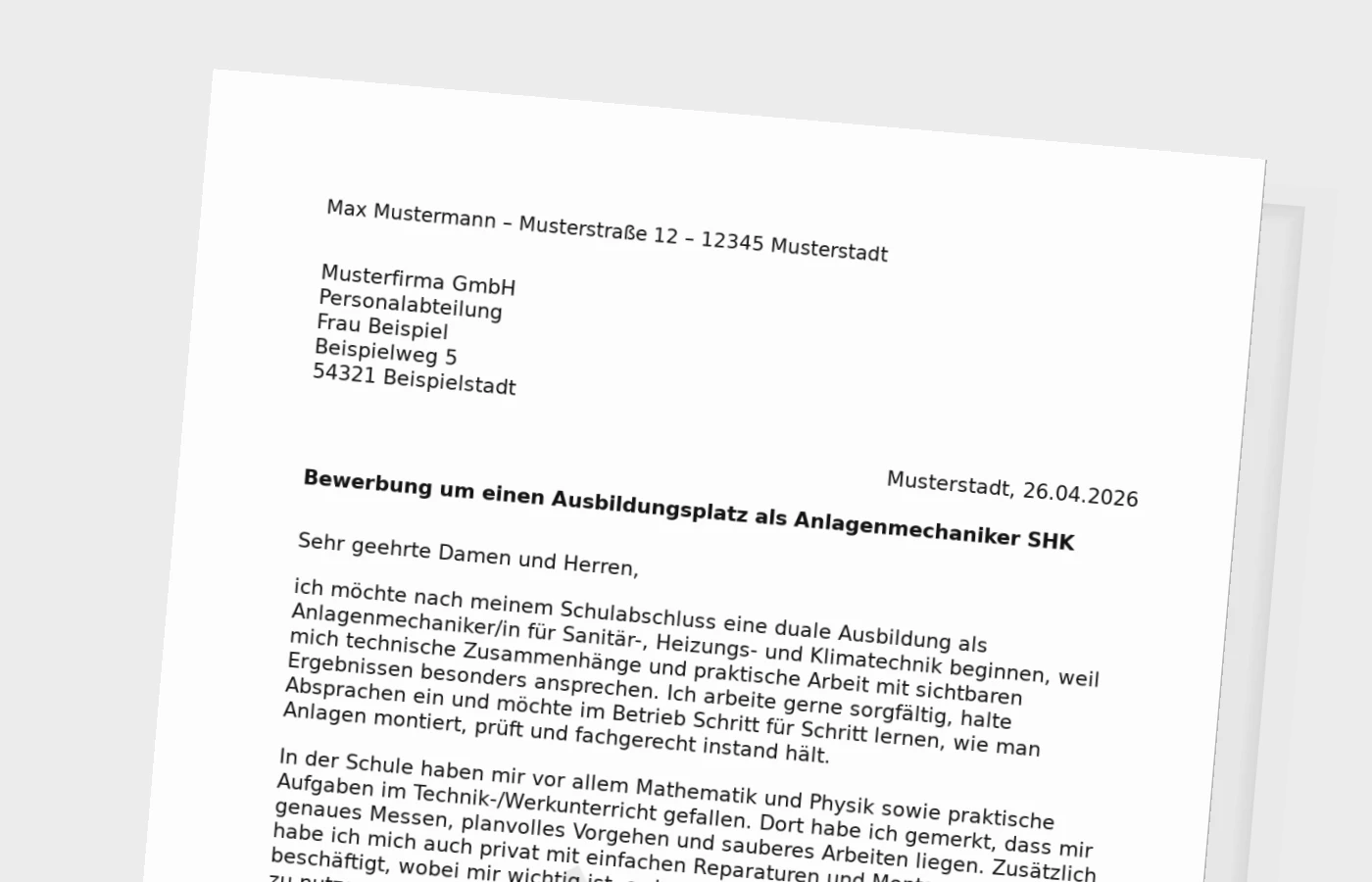 Bewerbung für die Ausbildung als Anlagenmechaniker/in SHK