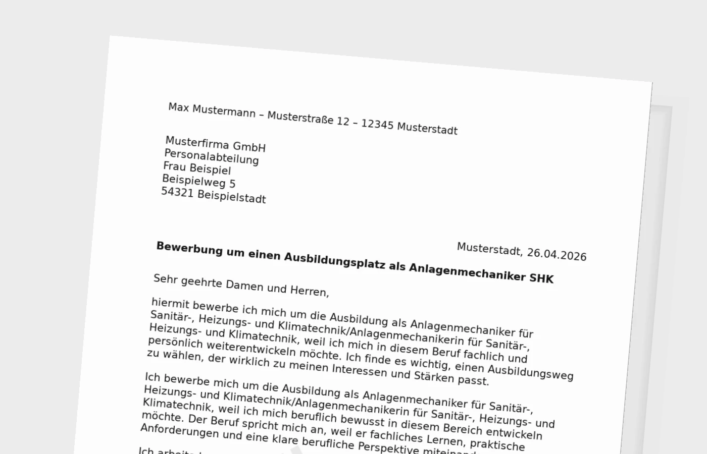 Bewerbung für die Ausbildung als Anlagenmechaniker für Sanitär-, Heizungs- und Klimatechnik/Anlagenmechanikerin für Sanitär-, Heizungs- und Klimatechnik