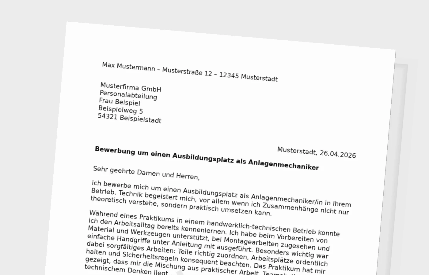 Bewerbung für die Ausbildung als Anlagenmechaniker/in (mit Praktikum)