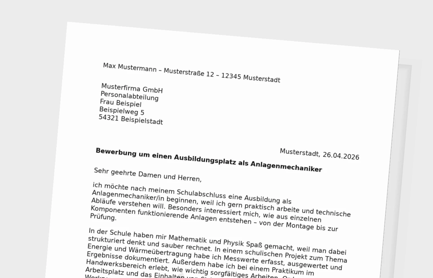 Bewerbung für eine Ausbildung als Anlagenmechaniker/in