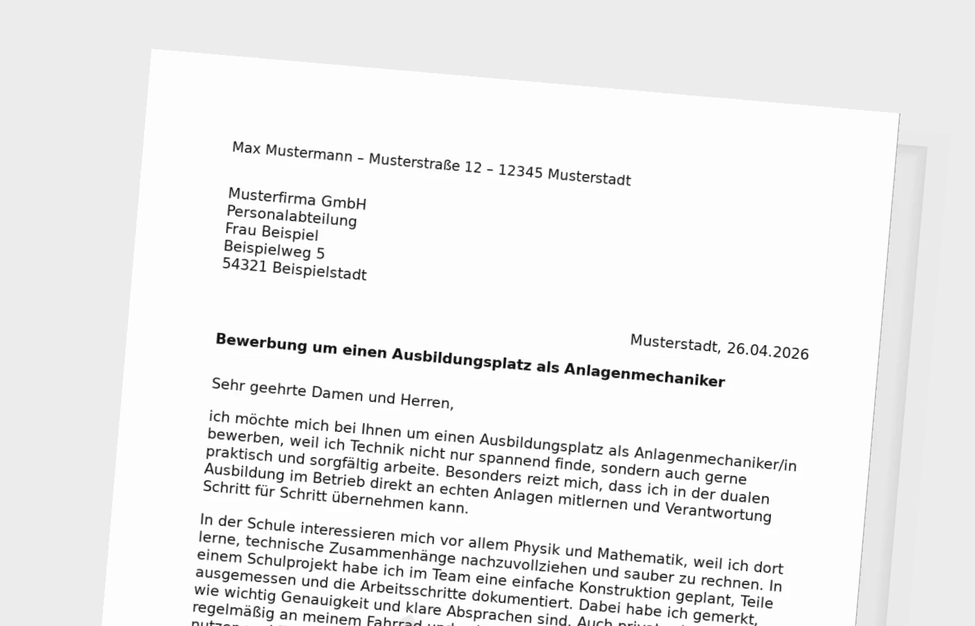 Bewerbung um eine Ausbildung als Anlagenmechaniker/in