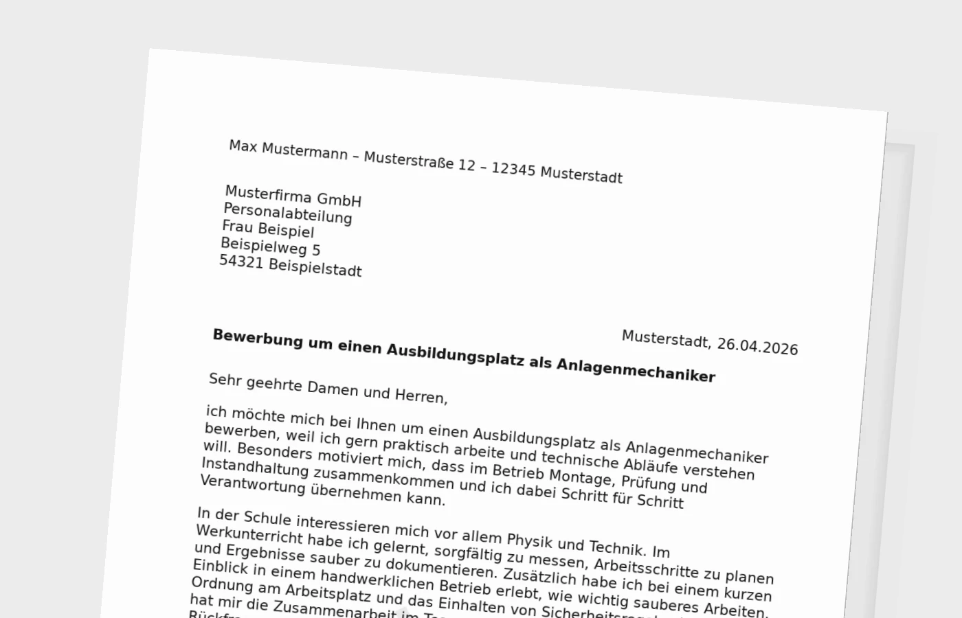 Bewerbung für die Ausbildung als Anlagenmechaniker/in