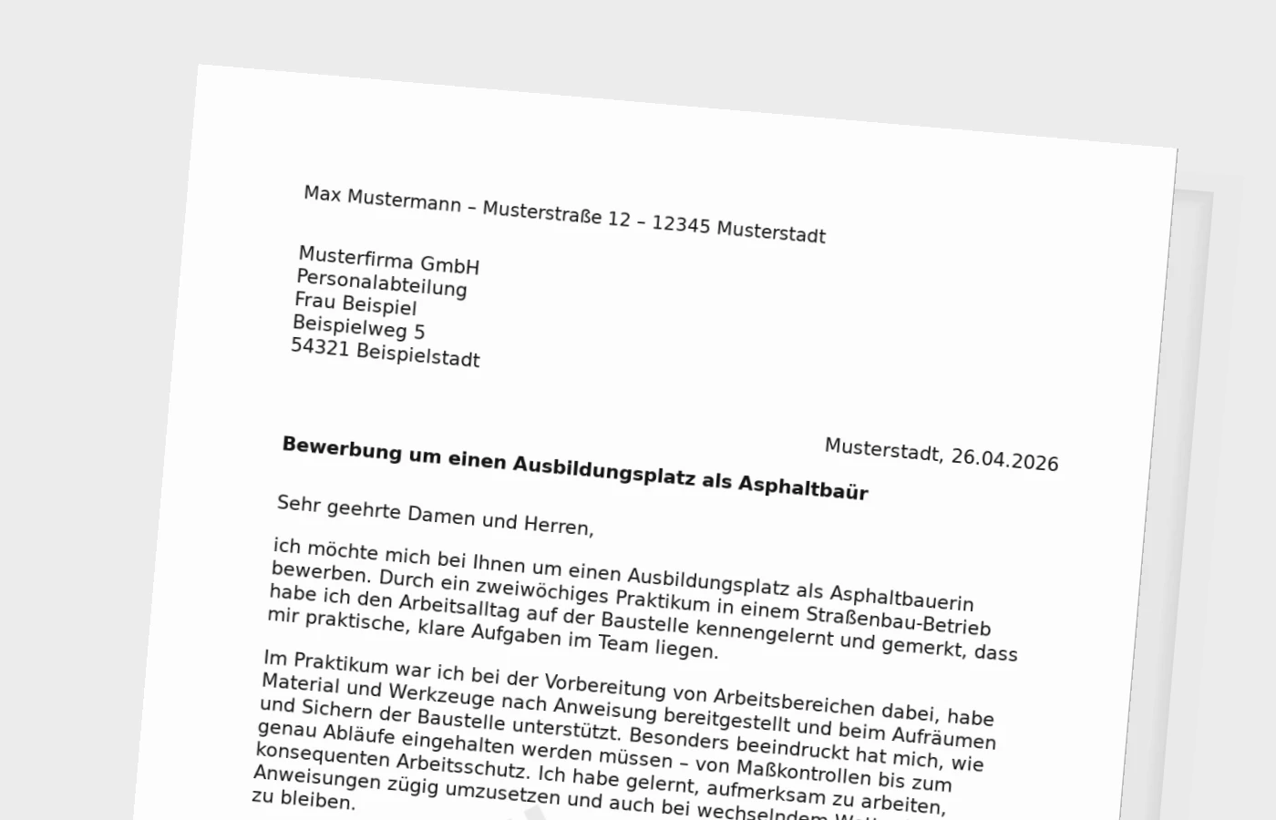 Bewerbung für die Ausbildung als Asphaltbauer/Asphaltbauerin (mit Praktikum)