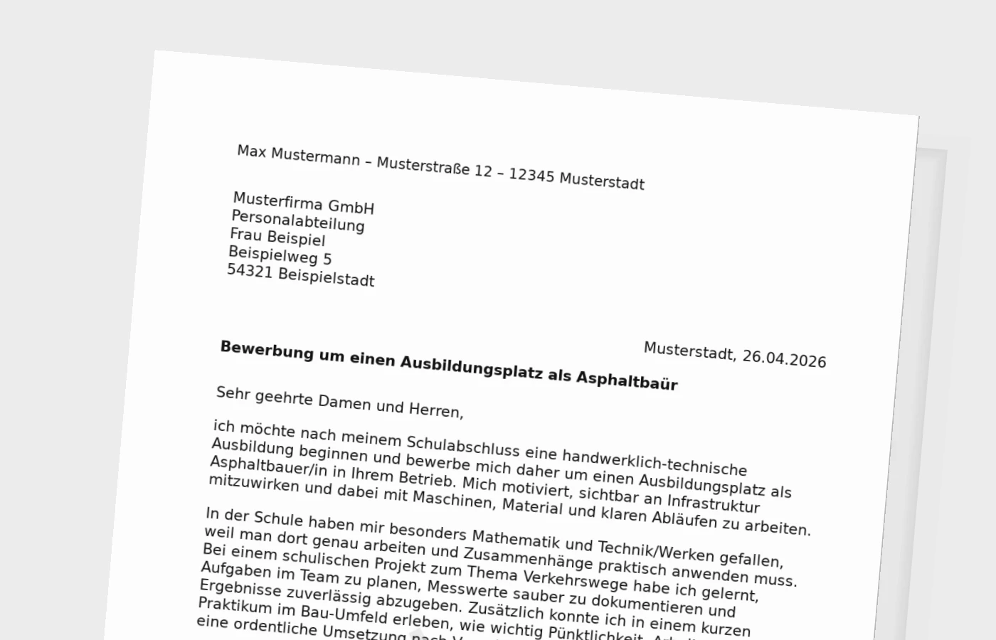 Bewerbung für eine Ausbildung als Asphaltbauer/in (nach Schulabschluss)