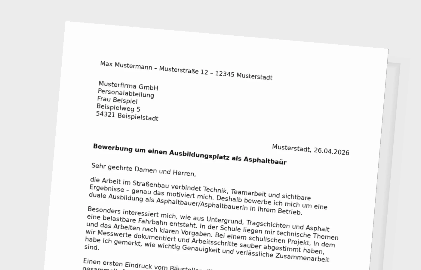Bewerbung für eine Ausbildung als Asphaltbauer/Asphaltbauerin