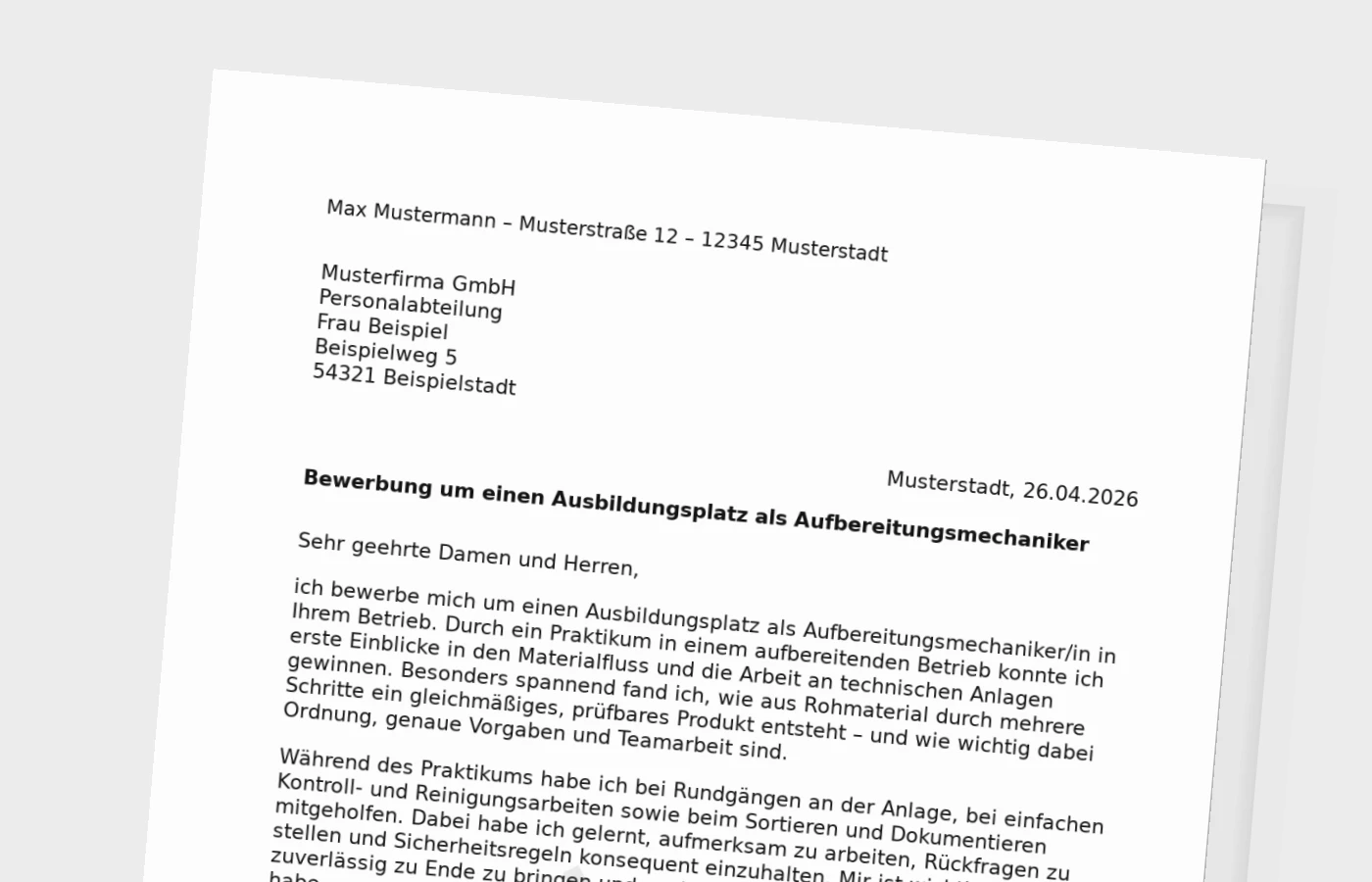 Bewerbung für die Ausbildung als Aufbereitungsmechaniker/in (mit Praktikum)