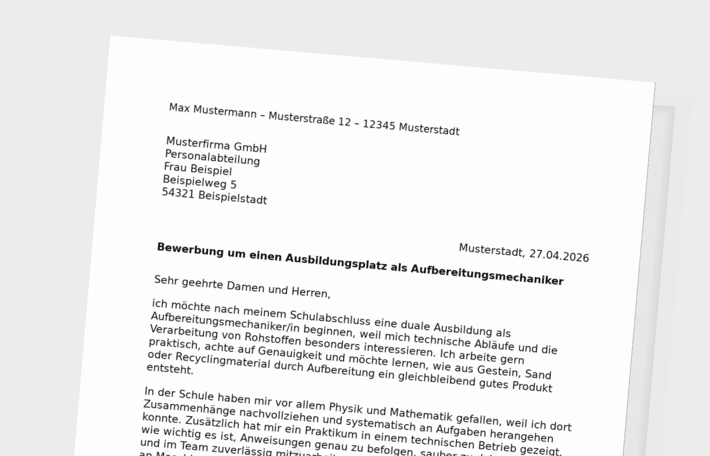 Bewerbung für die Ausbildung als Aufbereitungsmechaniker/in
