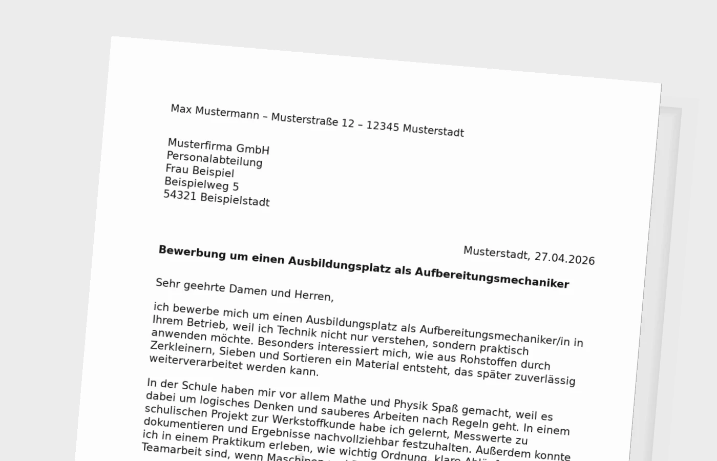Bewerbung für eine Ausbildung als Aufbereitungsmechaniker/in