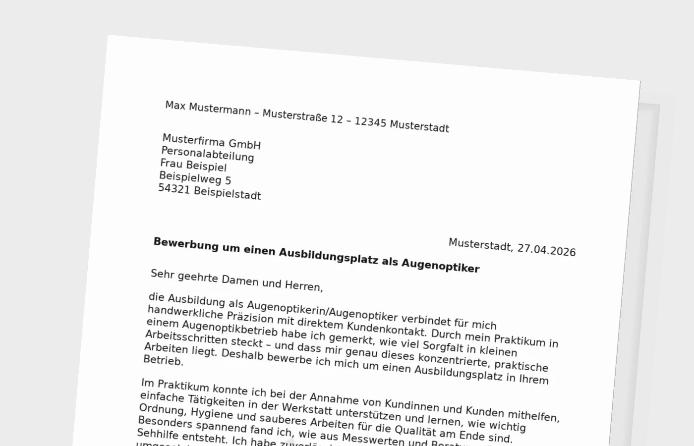 Bewerbung für die Ausbildung als Augenoptiker/in (mit Praktikum)