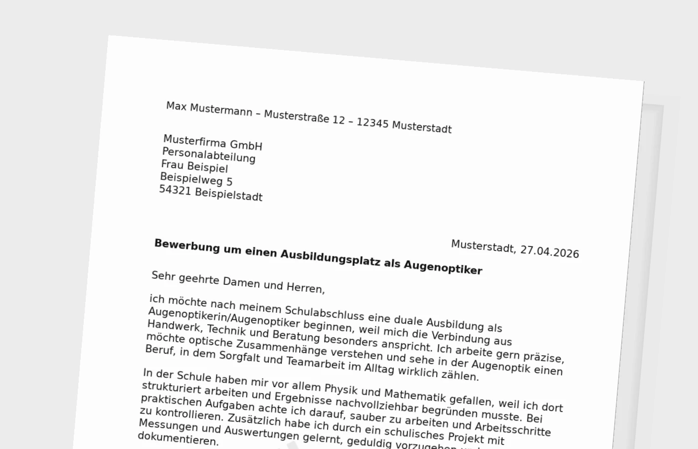 Bewerbung für die Ausbildung als Augenoptiker/in (nach Schulabschluss)