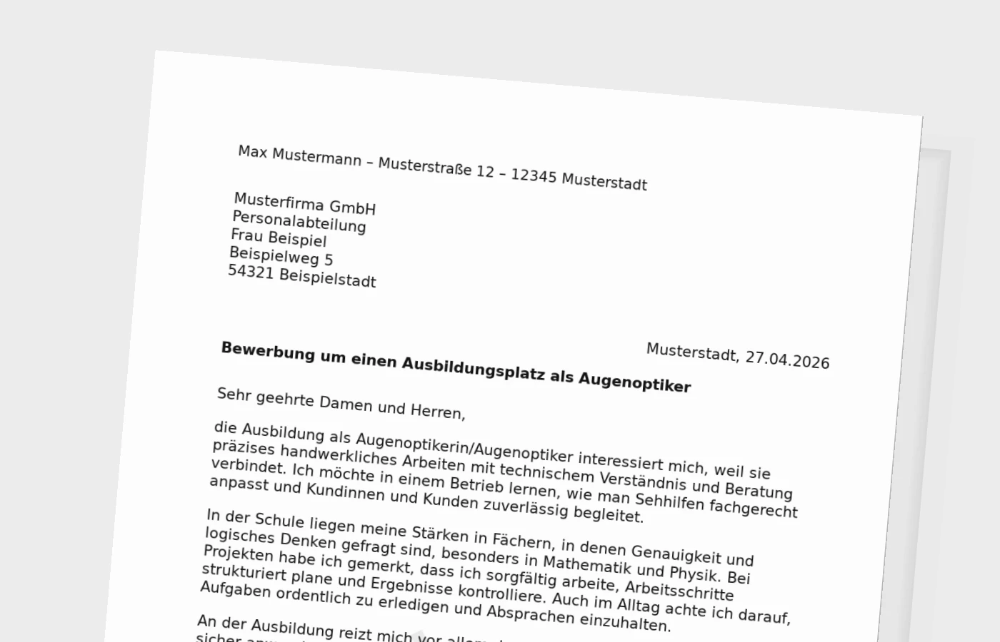 Bewerbung um eine Ausbildung als Augenoptiker/in