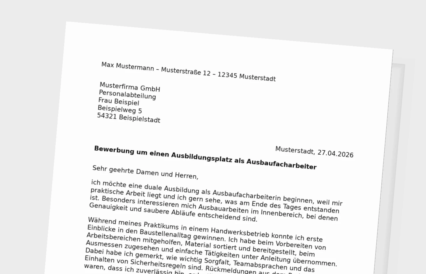 Bewerbung für die Ausbildung als Ausbaufacharbeiter:in (mit Praktikum)