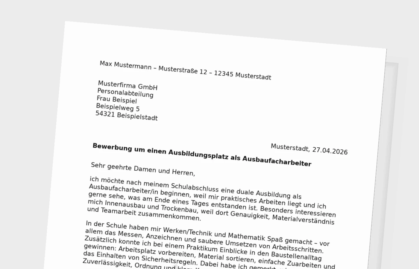Bewerbung um eine Ausbildung als Ausbaufacharbeiter/in