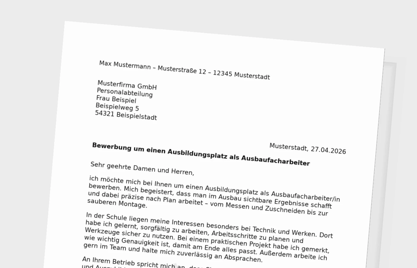 Bewerbung für die Ausbildung als Ausbaufacharbeiter/in