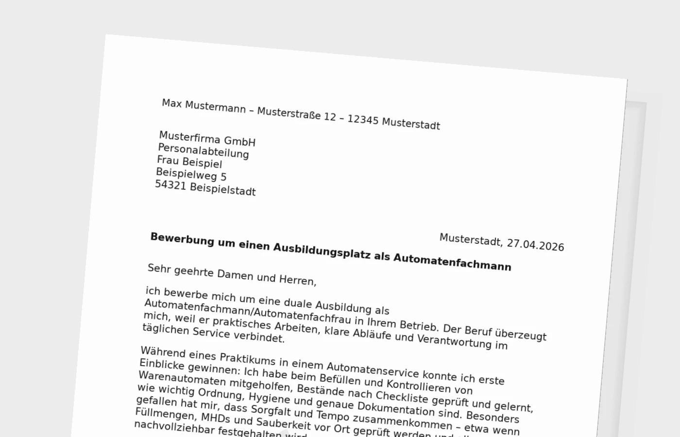 Bewerbung für die Ausbildung als Automatenfachmann/Automatenfachfrau