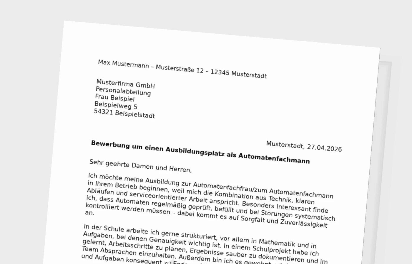 Bewerbung um eine Ausbildung als Automatenfachmann/Automatenfachfrau