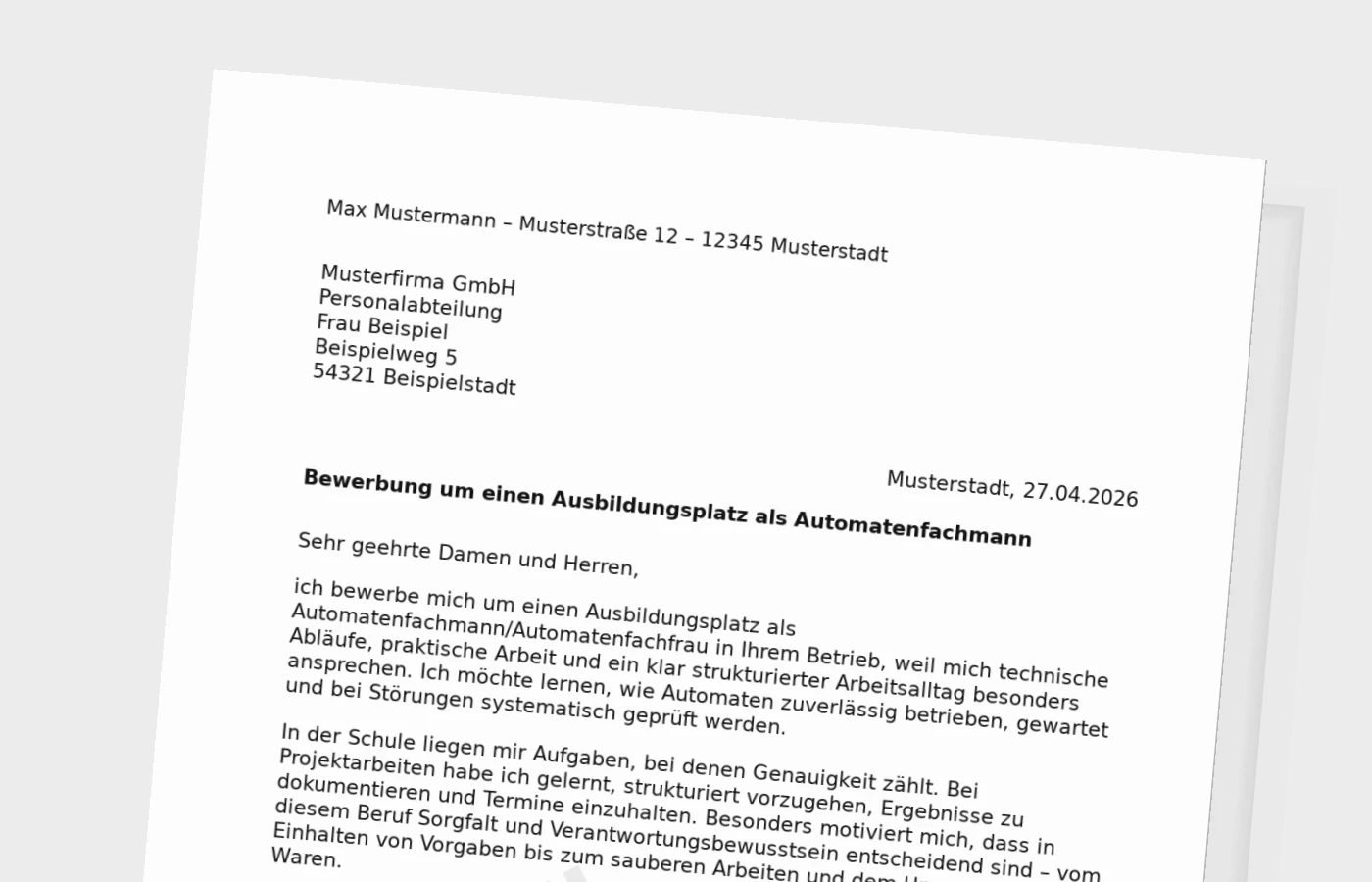 Bewerbung für eine Ausbildung als Automatenfachmann/Automatenfachfrau