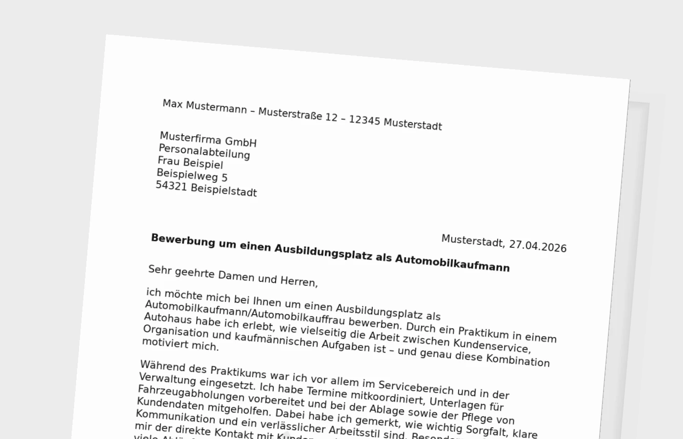 Bewerbung für die Ausbildung als Automobilkaufmann/Automobilkauffrau (mit Praktikum)