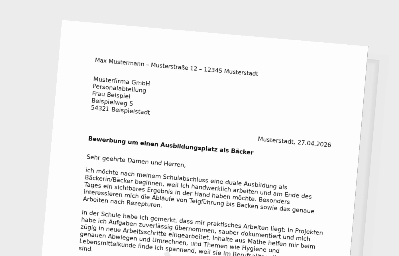 Bewerbung für eine Ausbildung als Bäcker/Bäckerin