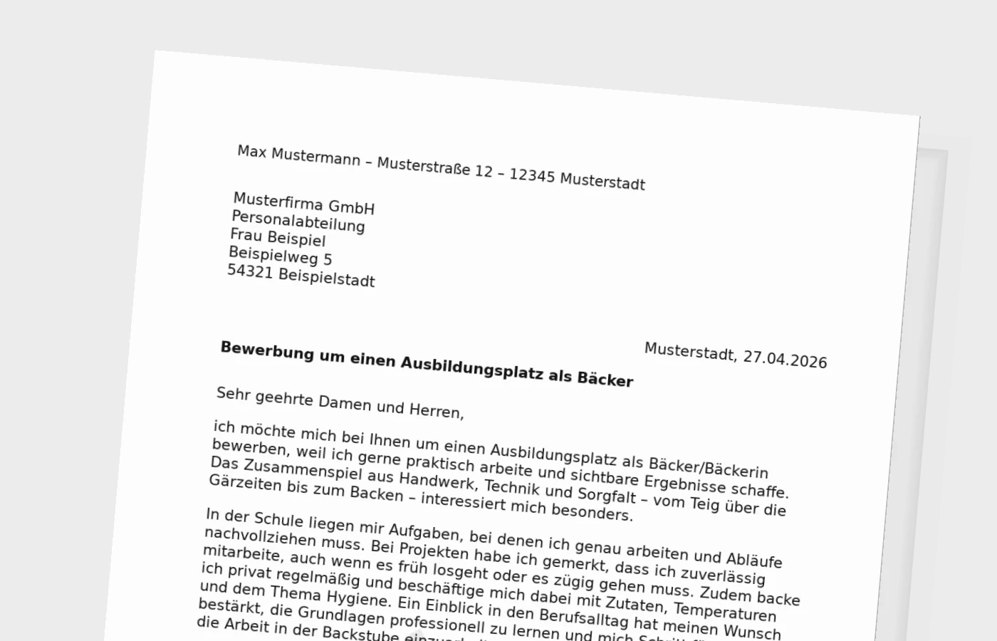 Bewerbung für eine Ausbildung als Bäcker/Bäckerin