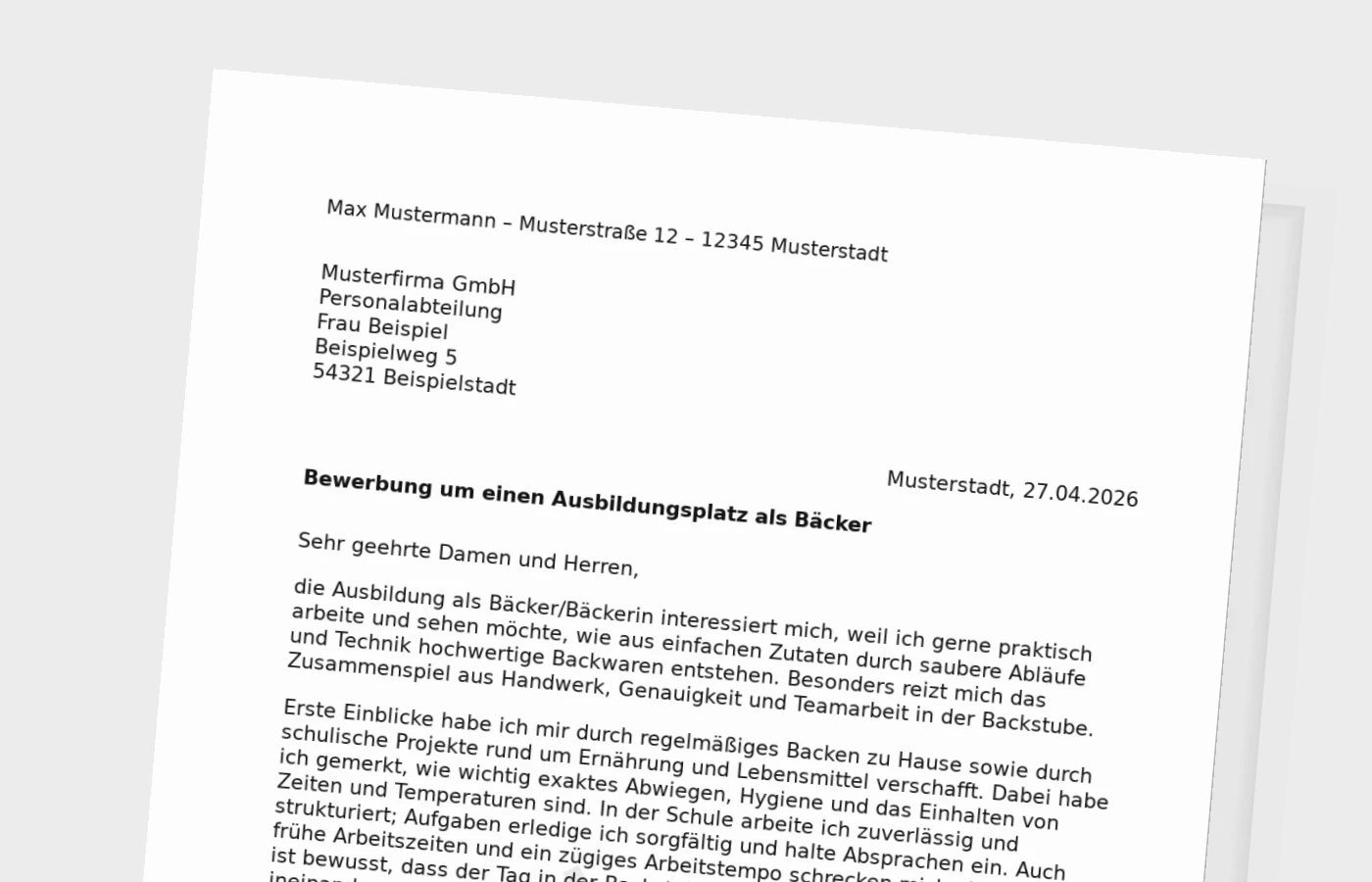 Bewerbung für eine Ausbildung als Bäcker/Bäckerin