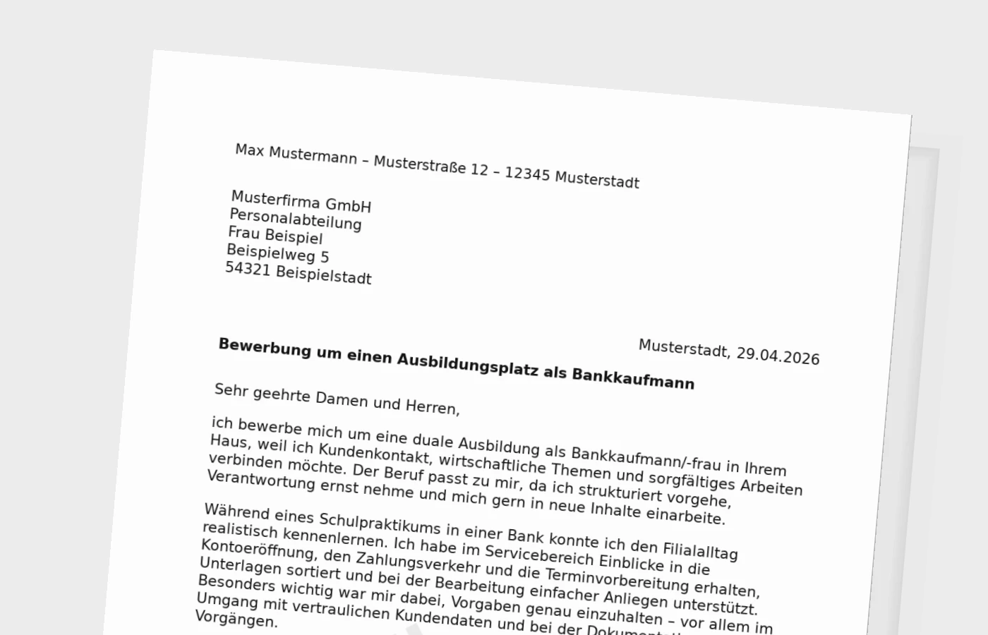Bewerbung für eine Ausbildung als Bankkaufmann/-frau (mit Praktikum)