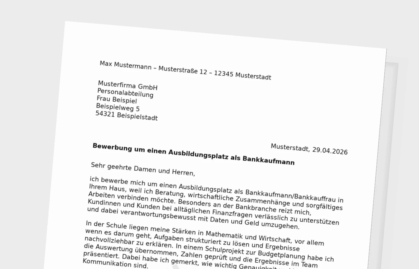 Bewerbung für die Ausbildung als Bankkaufmann/Bankkauffrau