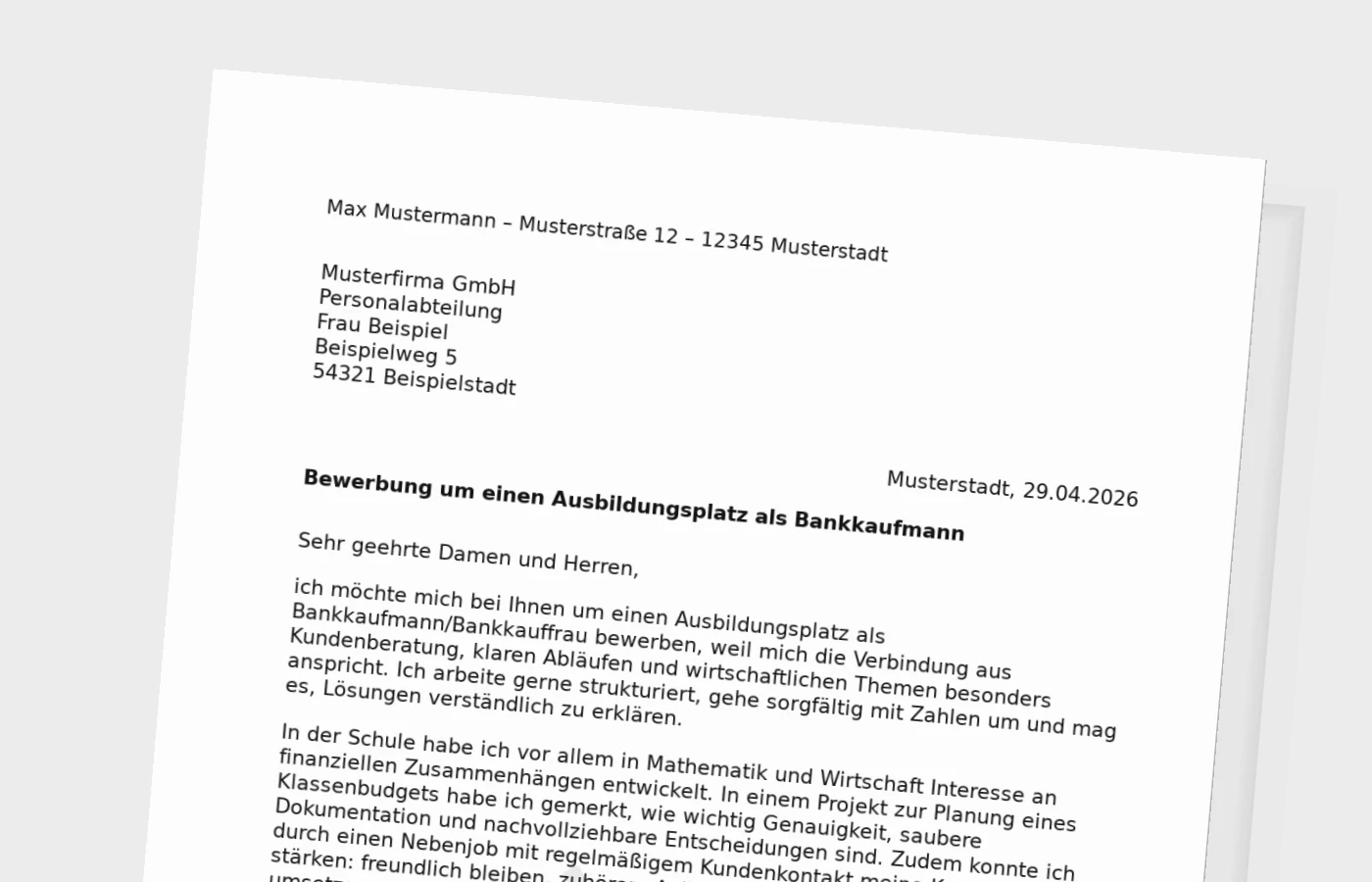 Bewerbung für die Ausbildung als Bankkaufmann/Bankkauffrau