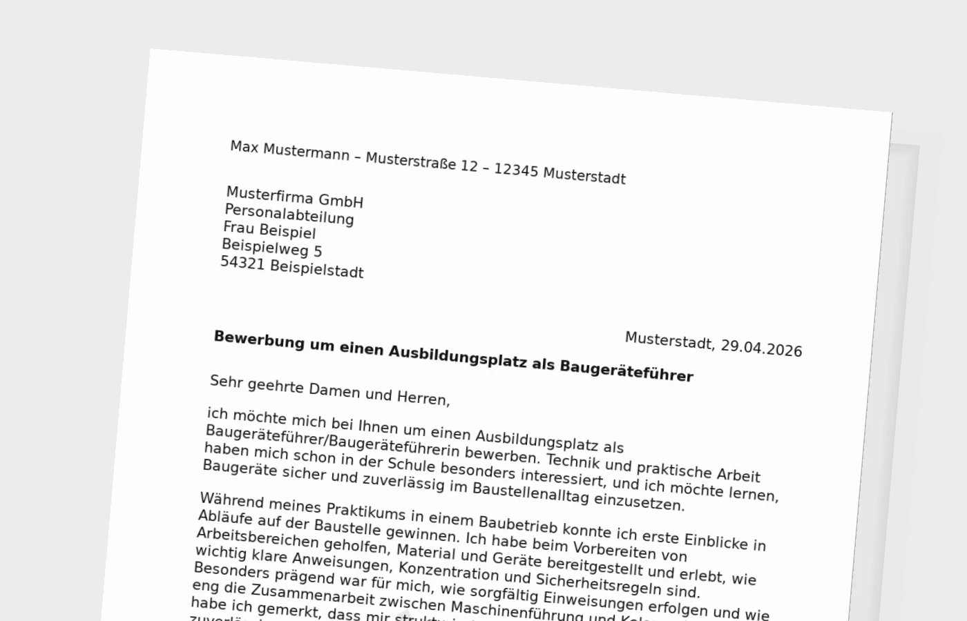 Bewerbung für die Ausbildung als Baugeräteführer/Baugeräteführerin (mit Praktikum)
