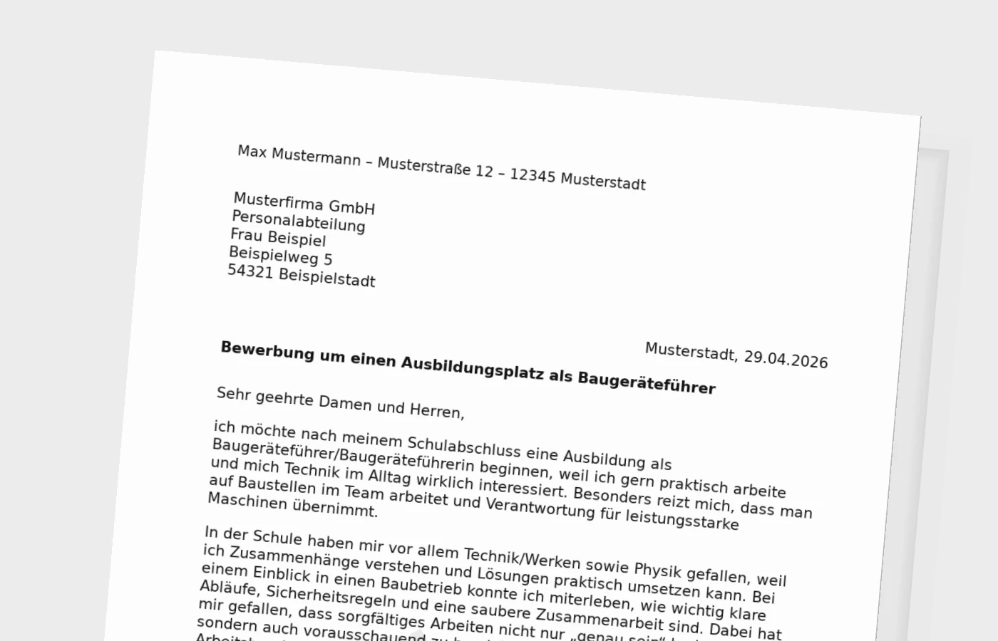 Bewerbung für die Ausbildung als Baugeräteführer/Baugeräteführerin