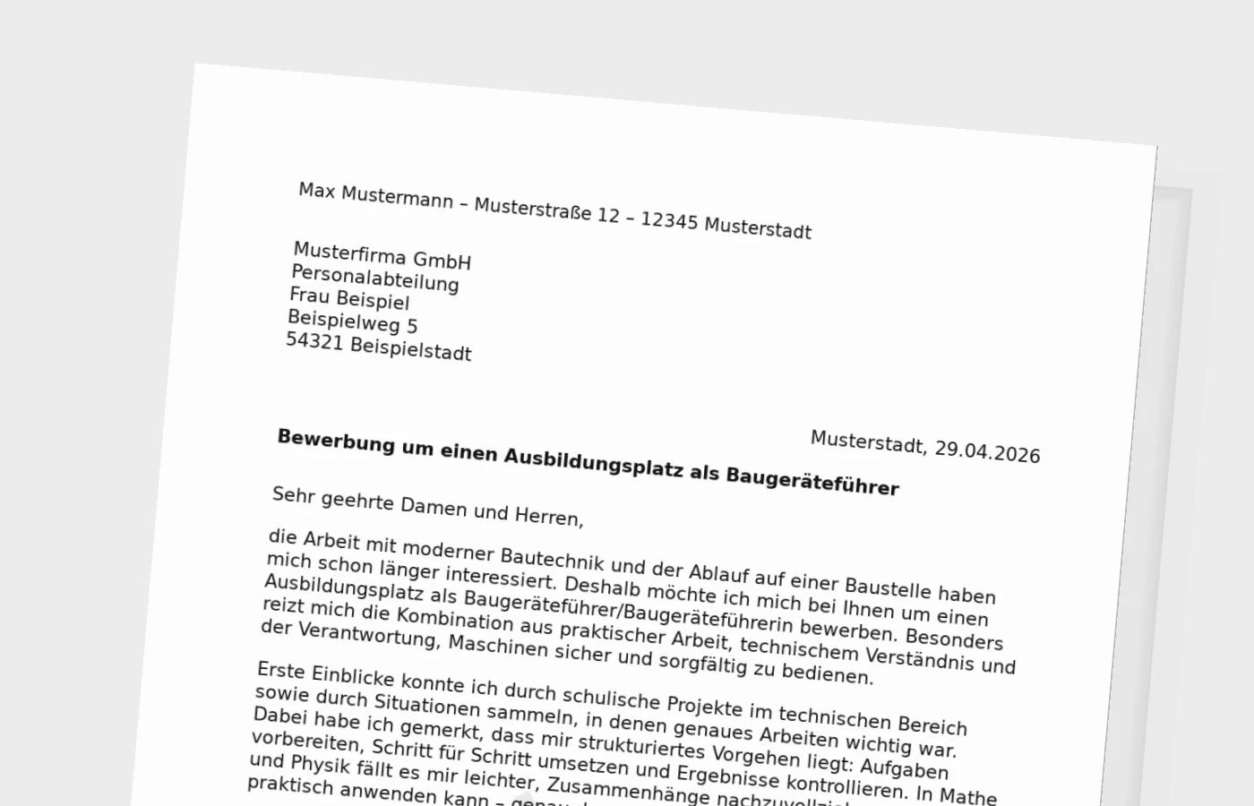 Bewerbung für die Ausbildung als Baugeräteführer/Baugeräteführerin