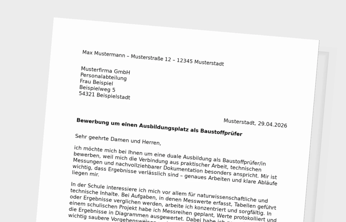 Bewerbung für eine Ausbildung als Baustoffprüfer/in