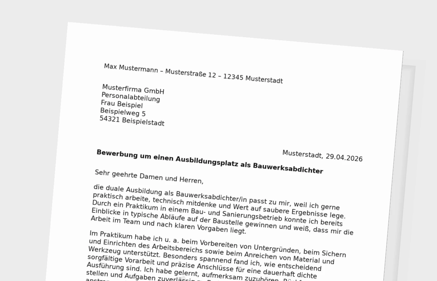 Bewerbung für die Ausbildung als Bauwerksabdichter/in (mit Praktikum)