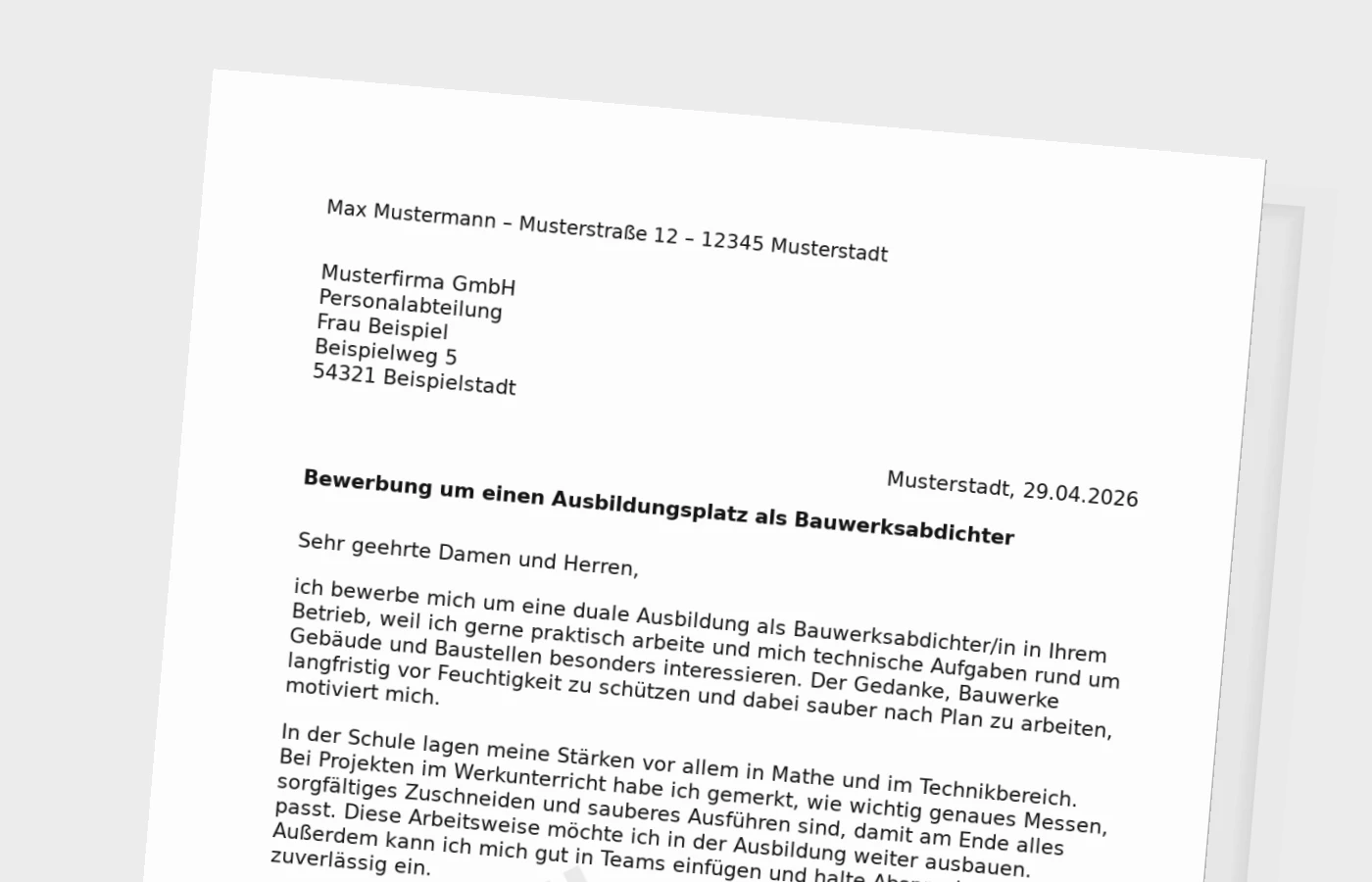 Bewerbung um eine Ausbildung als Bauwerksabdichter/in (dual) – nach dem Schulabschluss