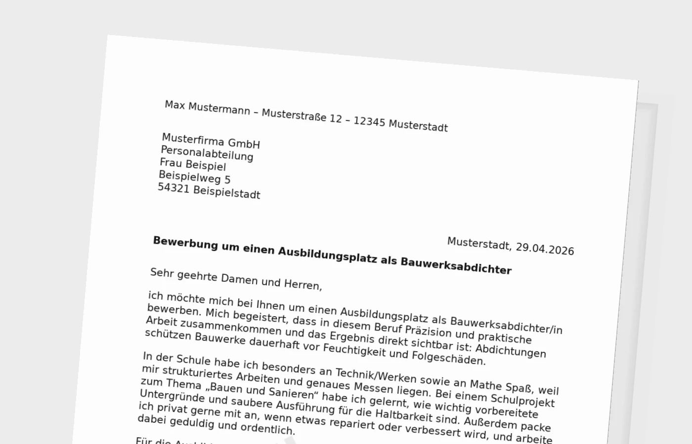 Bewerbung um eine Ausbildung als Bauwerksabdichter/Bauwerksabdichterin