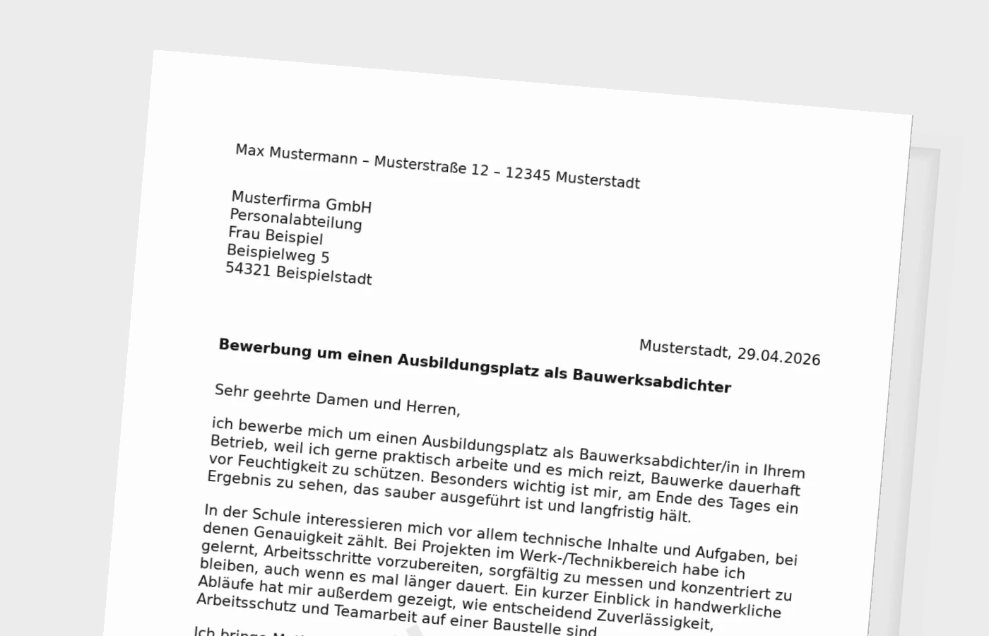 Bewerbung für eine Ausbildung als Bauwerksabdichter/Bauwerksabdichterin
