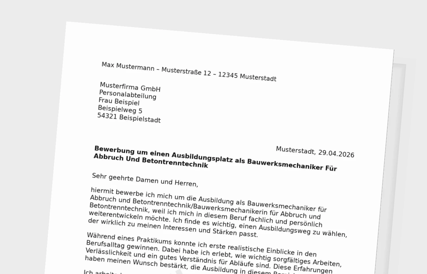 Bewerbung für eine Ausbildung als Bauwerksmechaniker für Abbruch und Betontrenntechnik/Bauwerksmechanikerin für Abbruch und Betontrenntechnik – mit Praktikum