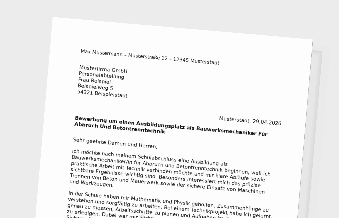 Bewerbung um eine Ausbildung als Bauwerksmechaniker für Abbruch und Betontrenntechnik