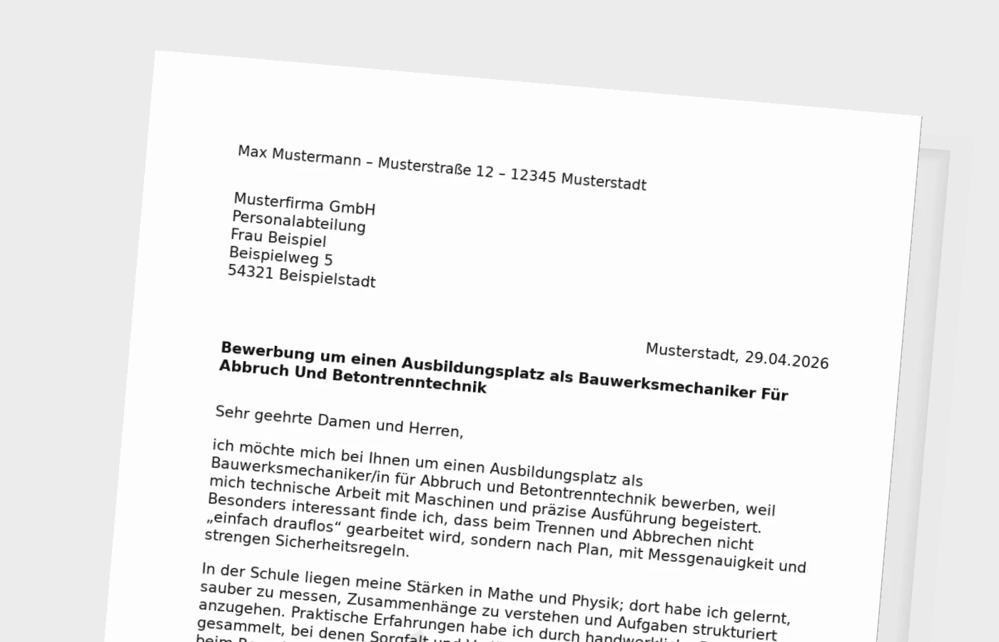 Bewerbung um eine Ausbildung als Bauwerksmechaniker/in für Abbruch und Betontrenntechnik