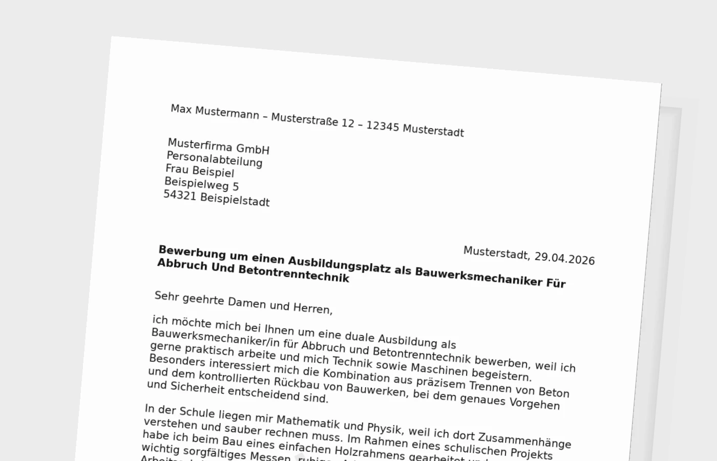 Bewerbung für die Ausbildung als Bauwerksmechaniker/in für Abbruch und Betontrenntechnik