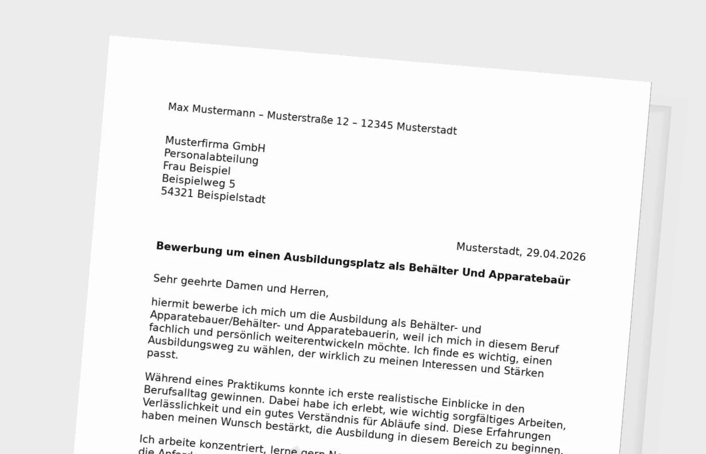 Bewerbung für eine Ausbildung als Behälter- und Apparatebauer/Behälter- und Apparatebauerin – mit Praktikum