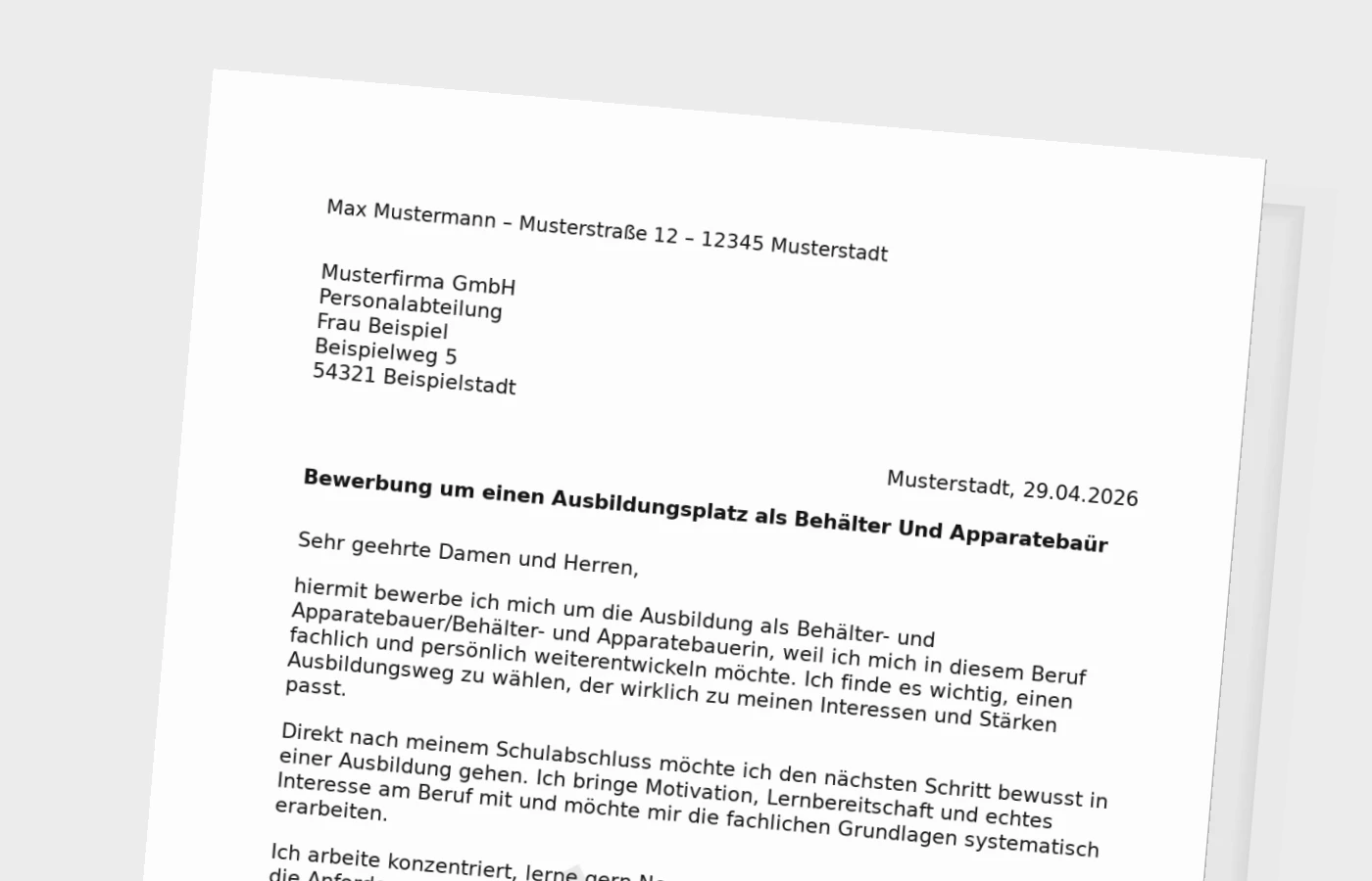 Bewerbung für eine Ausbildung als Behälter- und Apparatebauer/Behälter- und Apparatebauerin – nach Schulabschluss