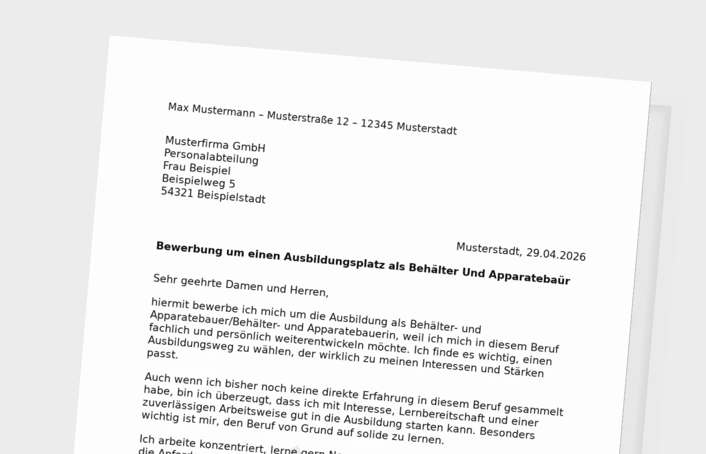 Bewerbung für eine Ausbildung als Behälter- und Apparatebauer/Behälter- und Apparatebauerin – ohne Erfahrung