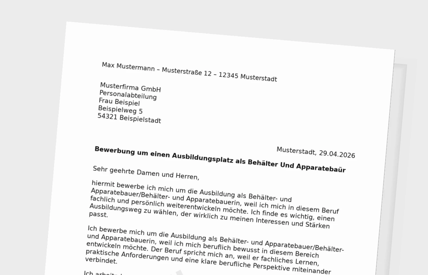 Bewerbung für die Ausbildung als Behälter- und Apparatebauer/Behälter- und Apparatebauerin