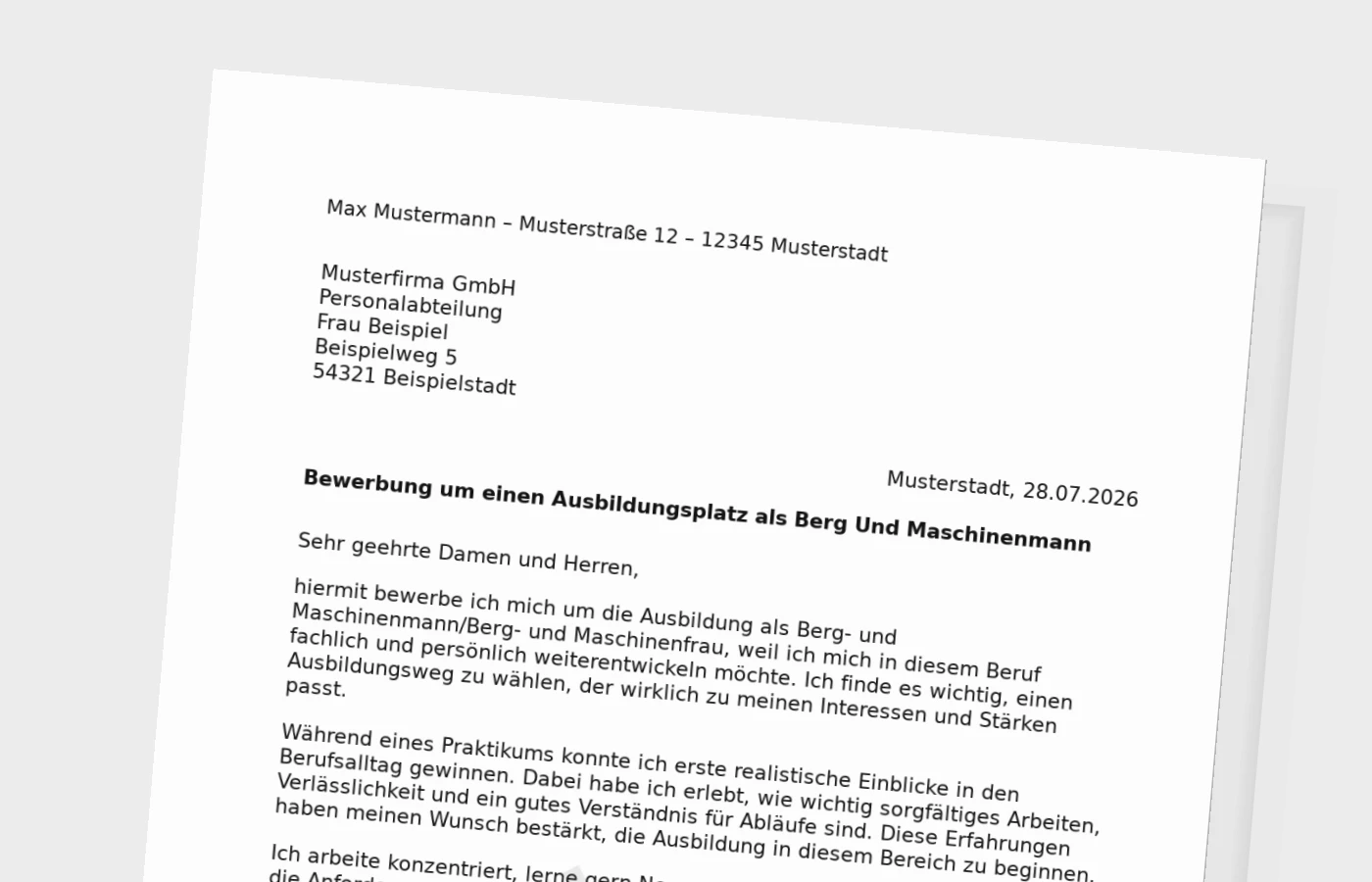 Bewerbung Ausbildung Berg- und Maschinenmann/Berg- und Maschinenfrau (mit Praktikum) – Muster