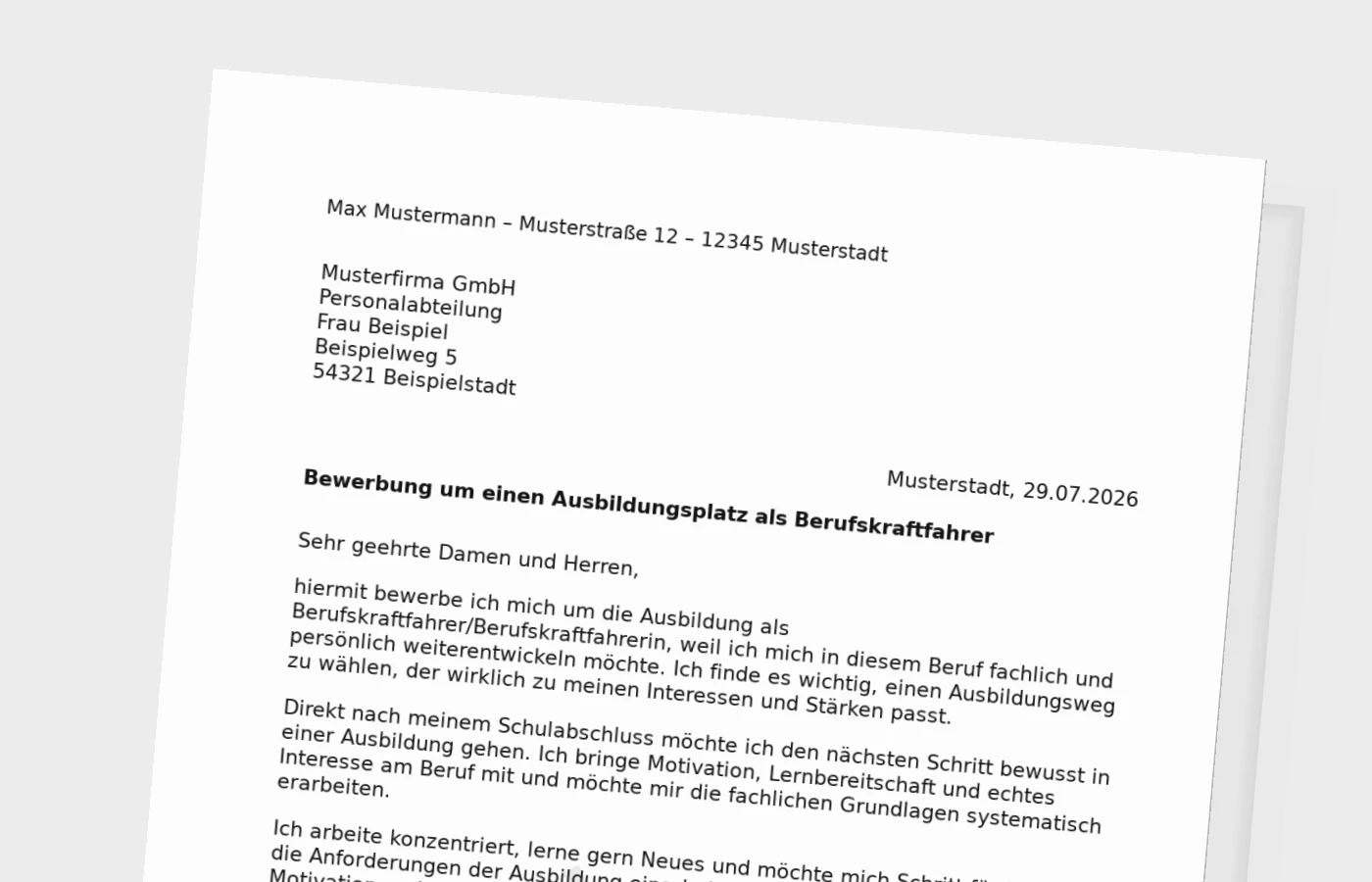 Bewerbung Ausbildung Berufskraftfahrer/Berufskraftfahrerin nach Schulabschluss – Muster