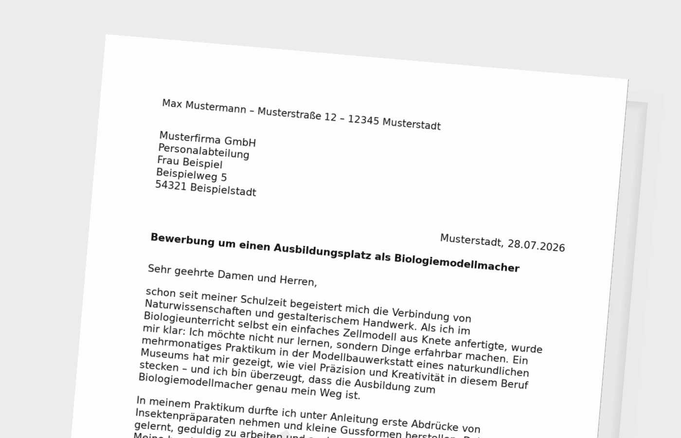 Bewerbung Ausbildung Biologiemodellmacher/Biologiemodellmacherin (mit Praktikum) – Muster